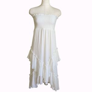 White Smocked Strapless Midi Dress Tiered Ruffle Hem Boho Beach Summer S–M